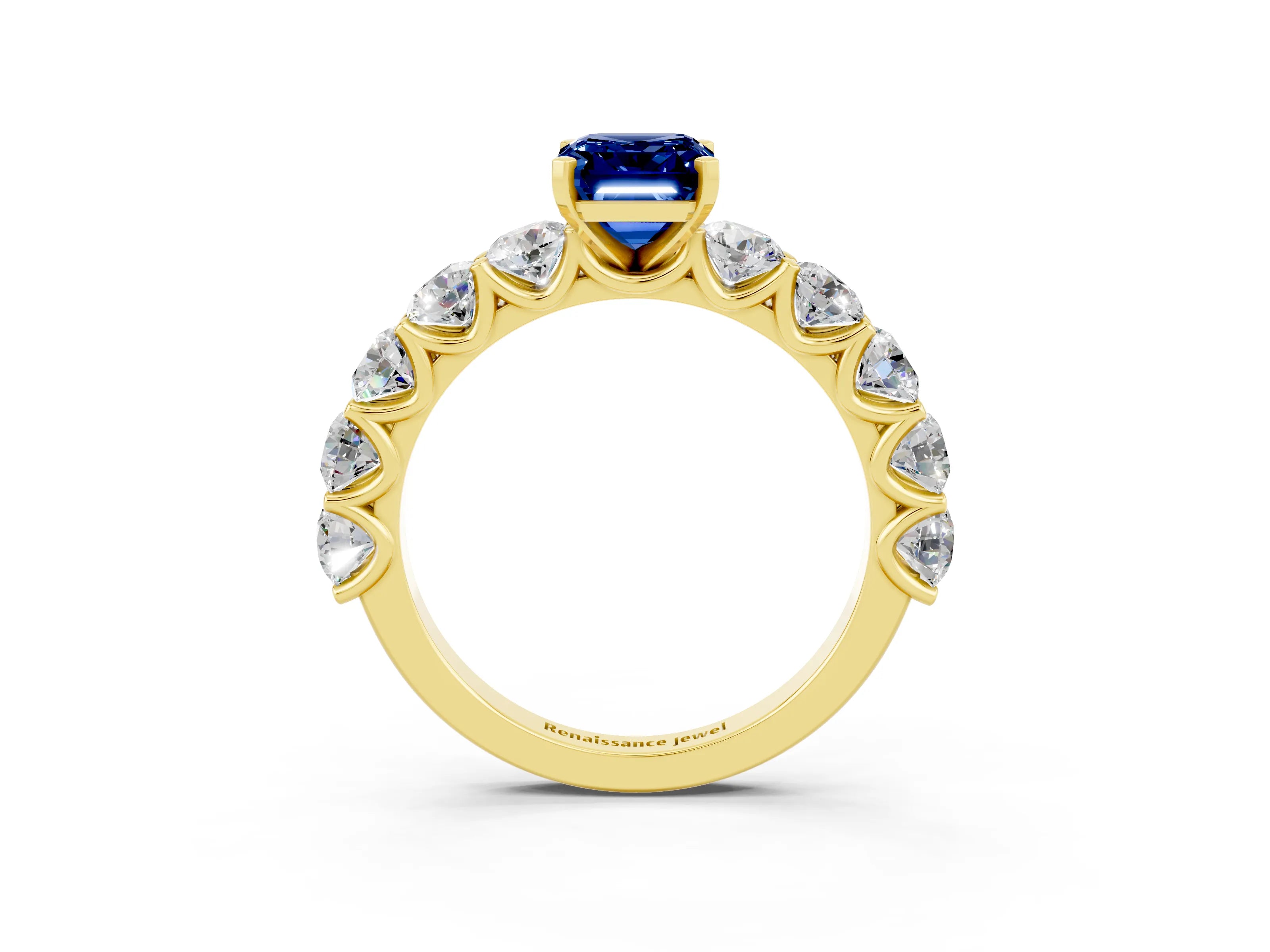 Yellow gold Emerald Cut Blue Sapphire Prong Setting with Side Stones on a Pave Band_3