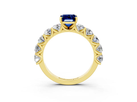 Yellow gold Emerald Cut Blue Sapphire Prong Setting with Side Stones on a Pave Band_3