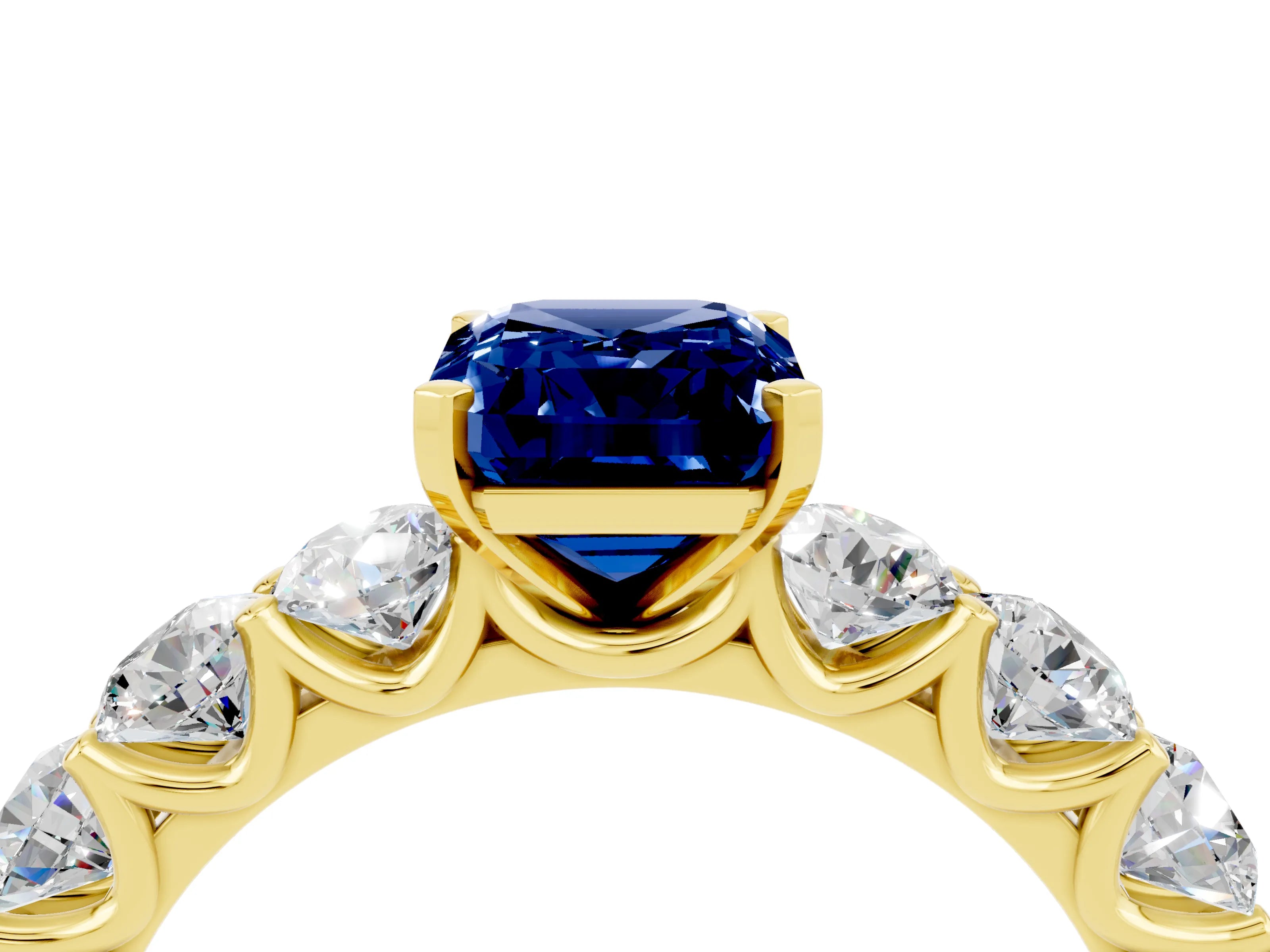 Yellow gold Emerald Cut Blue Sapphire Prong Setting with Side Stones on a Pave Band_4