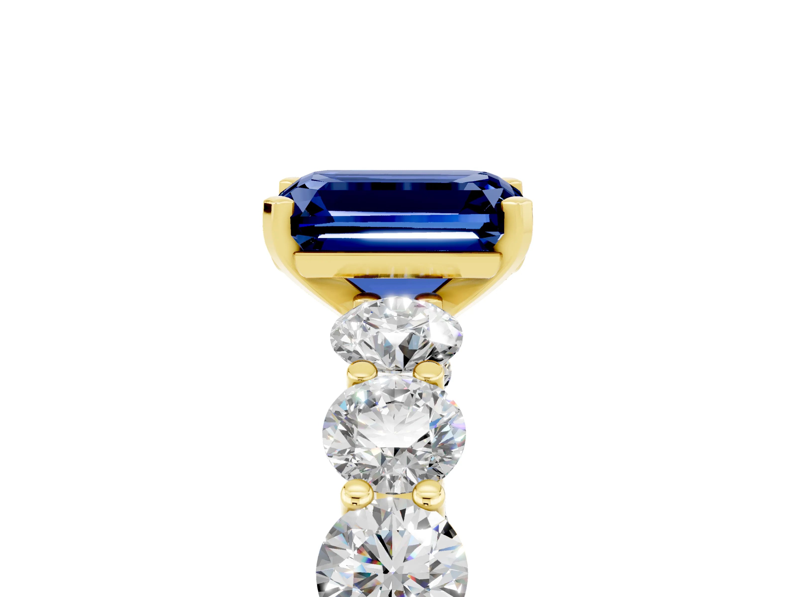 Yellow gold Emerald Cut Blue Sapphire Prong Setting with Side Stones on a Pave Band_5