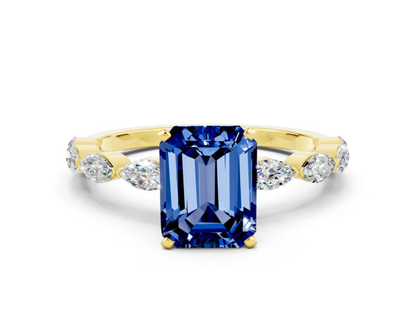 Yellow gold Emerald Cut Blue Sapphire Ring with Marquise Side Stones and Prong Setting