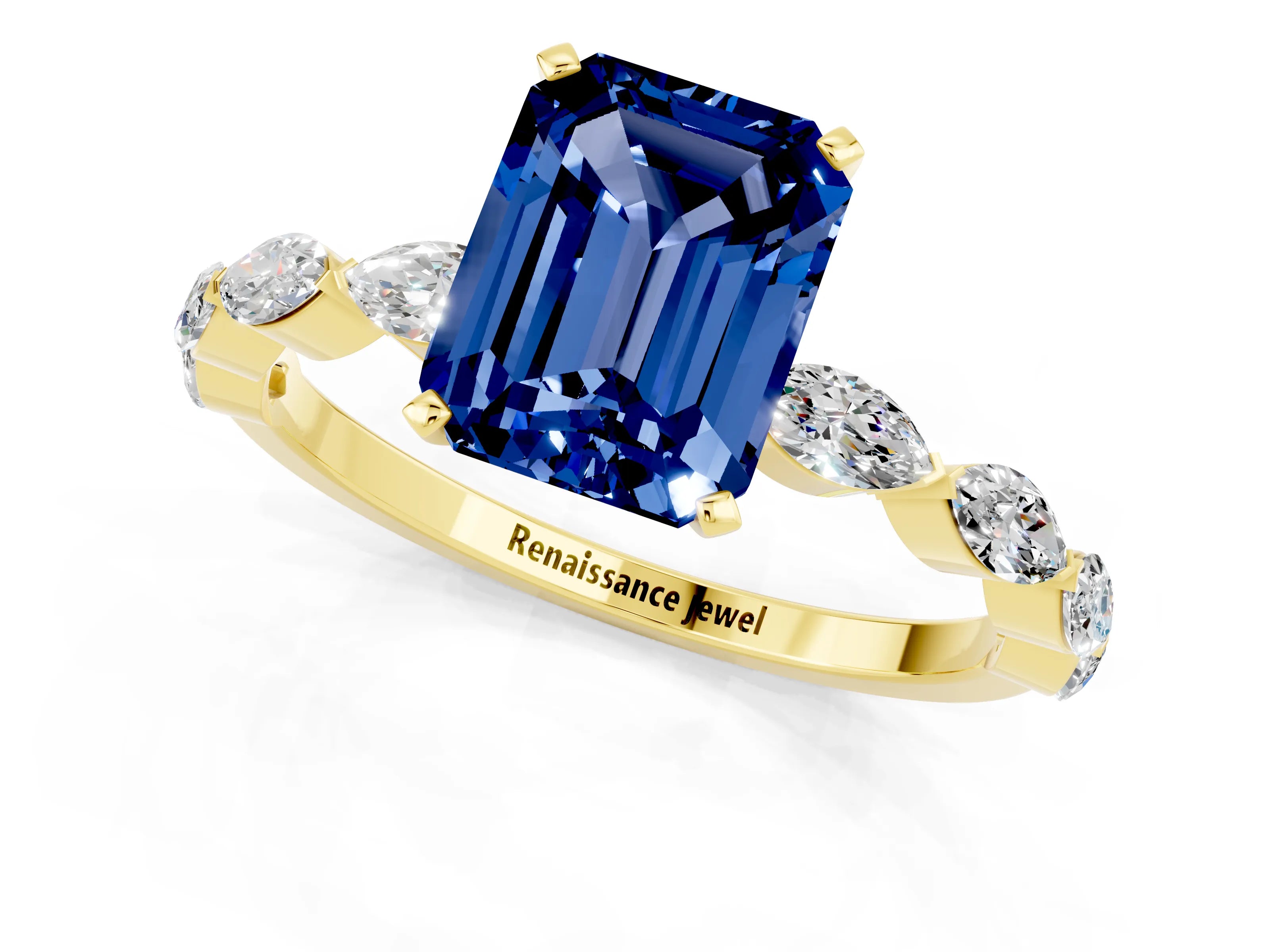 Yellow gold Emerald Cut Blue Sapphire Ring with Marquise Side Stones and Prong Setting_1