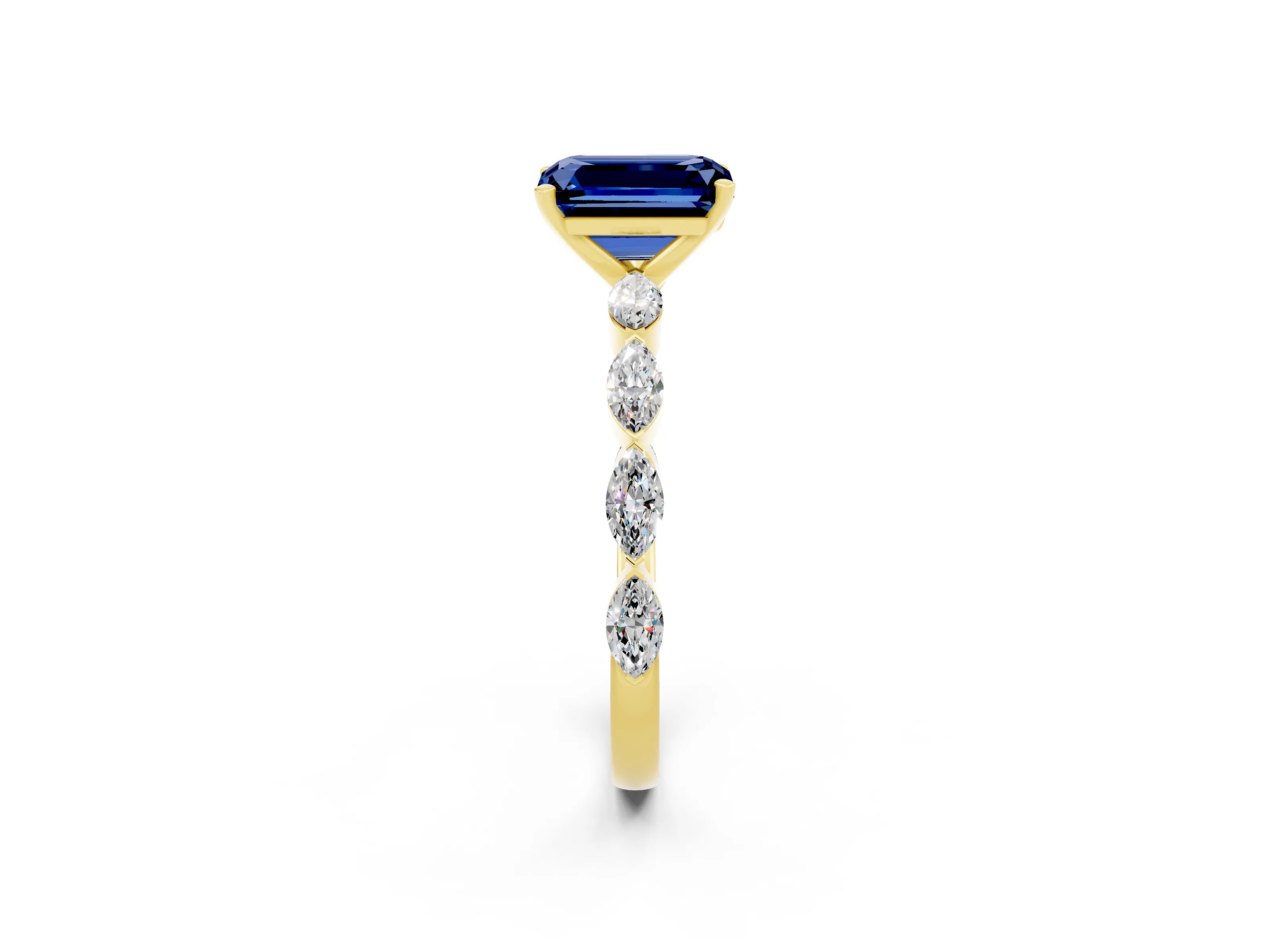 Yellow gold Emerald Cut Blue Sapphire Ring with Marquise Side Stones and Prong Setting_2