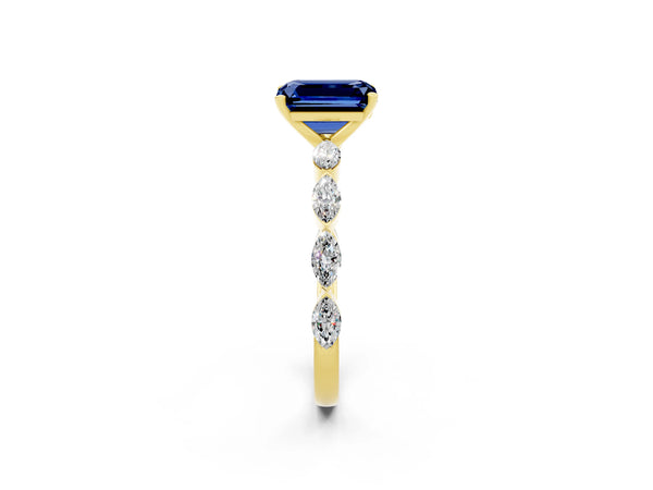 Yellow gold Emerald Cut Blue Sapphire Ring with Marquise Side Stones and Prong Setting