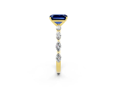 Yellow gold Emerald Cut Blue Sapphire Ring with Marquise Side Stones and Prong Setting_2