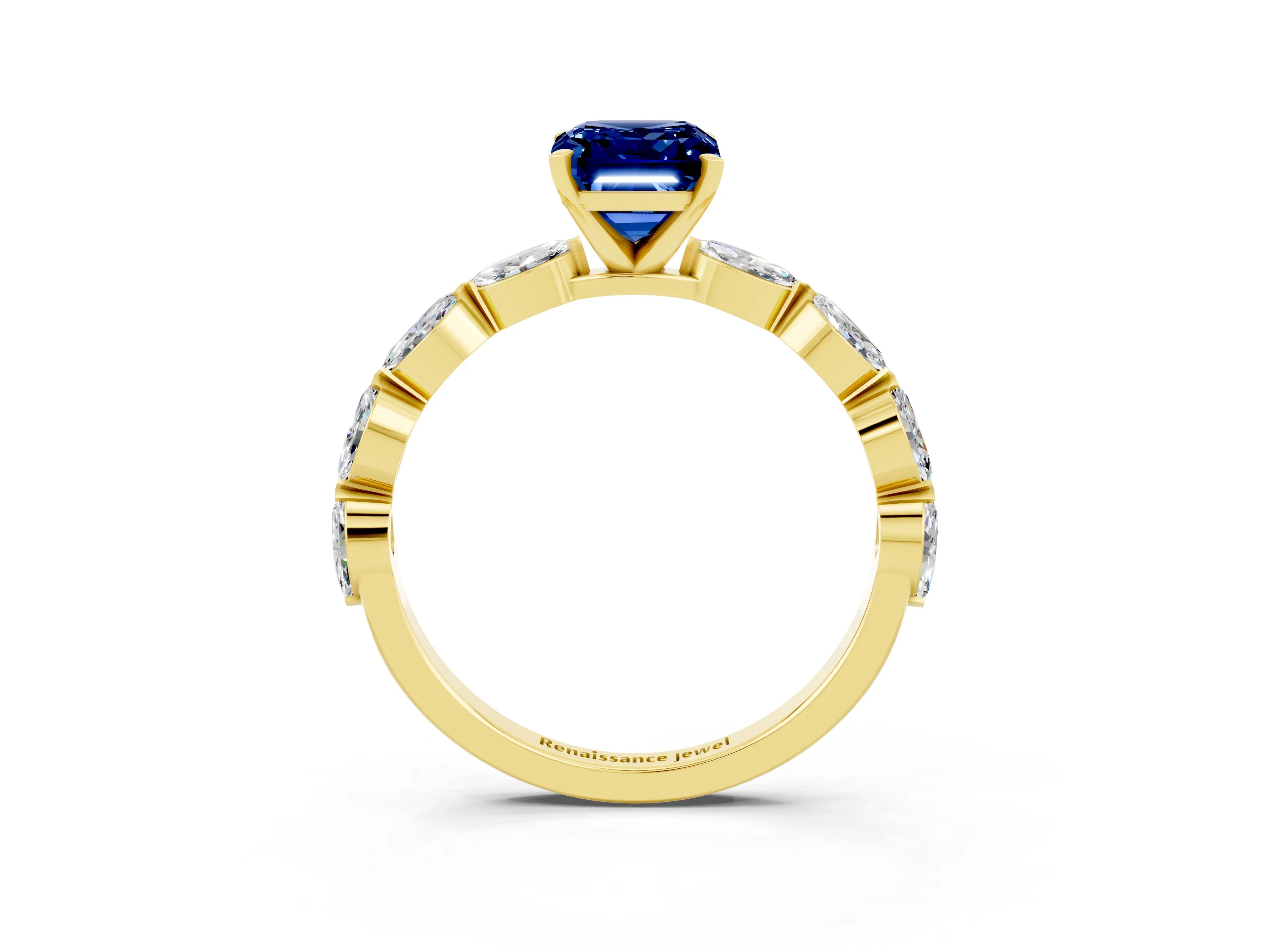 Yellow gold Emerald Cut Blue Sapphire Ring with Marquise Side Stones and Prong Setting_3