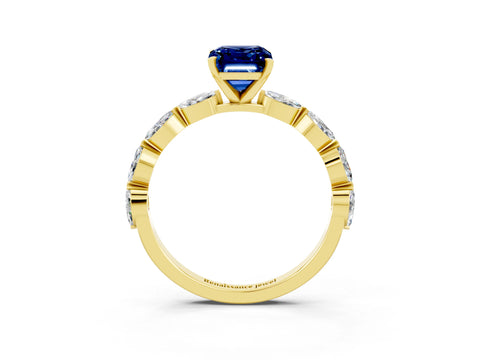Yellow gold Emerald Cut Blue Sapphire Ring with Marquise Side Stones and Prong Setting_3