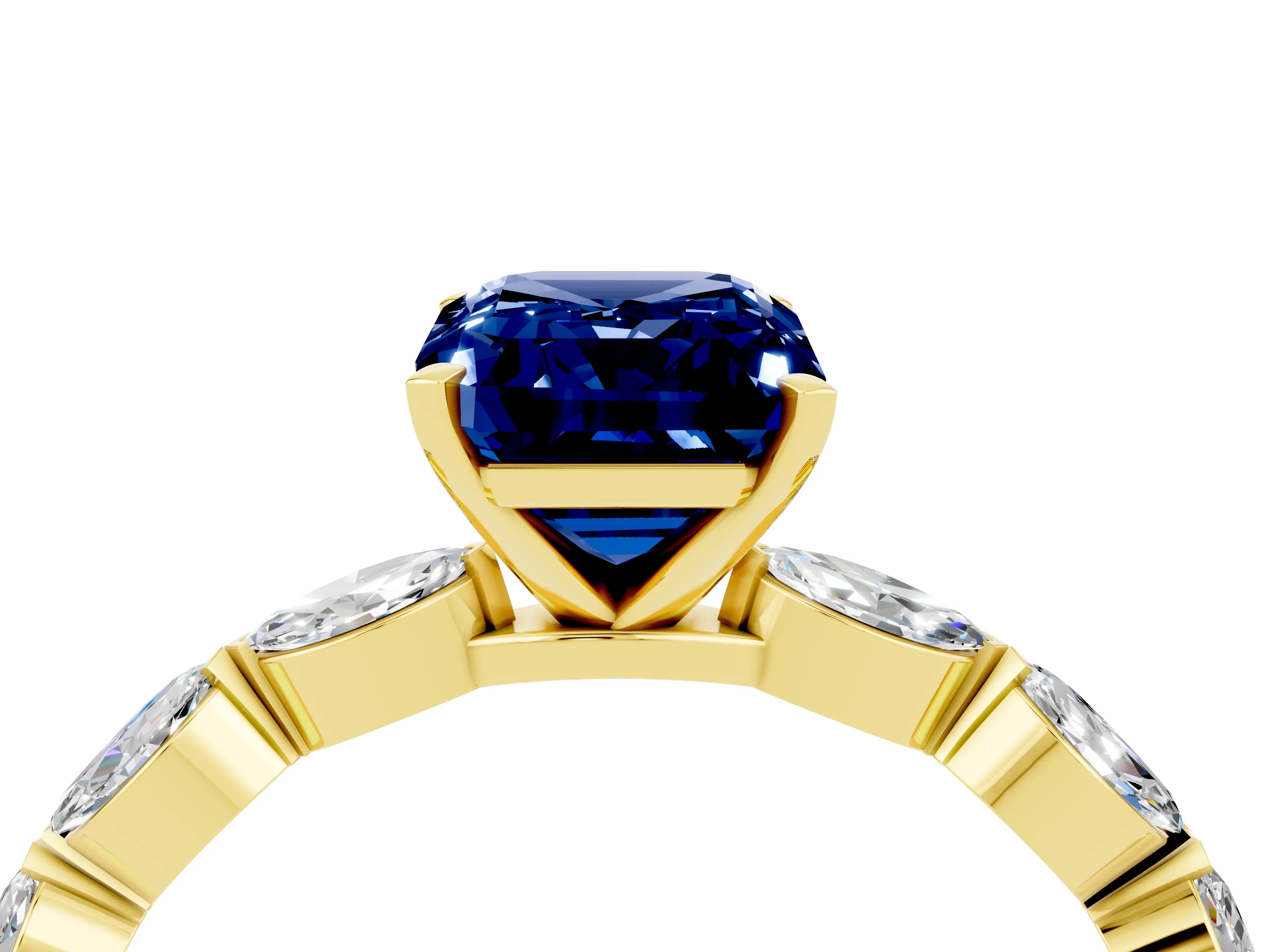Yellow gold Emerald Cut Blue Sapphire Ring with Marquise Side Stones and Prong Setting_4