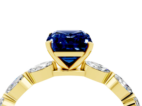 Yellow gold Emerald Cut Blue Sapphire Ring with Marquise Side Stones and Prong Setting_4