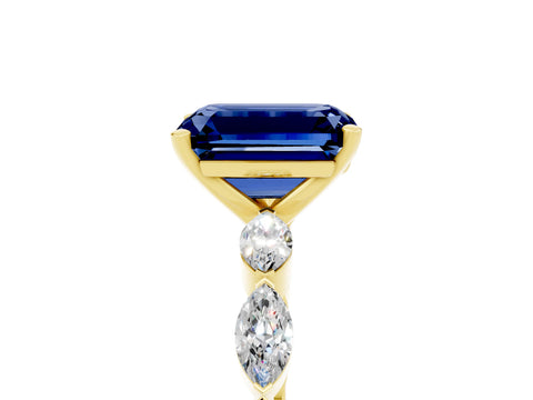 Yellow gold Emerald Cut Blue Sapphire Ring with Marquise Side Stones and Prong Setting_5