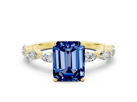Yellow gold Emerald Cut Blue Sapphire Ring with Marquise Side Stones and Prong Setting