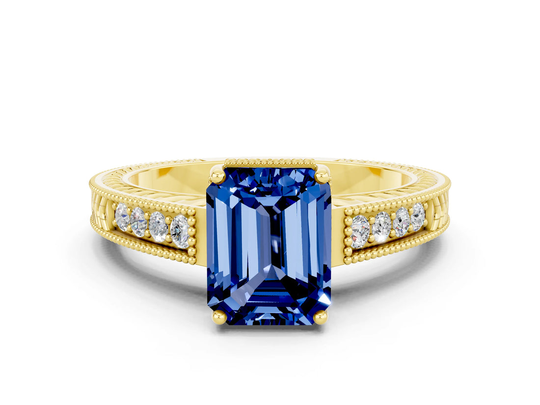 Yellow gold Emerald Cut Blue Sapphire Ring with Milgrain Pavé Band and Four-Prong Setting_12
