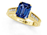 Yellow gold Emerald Cut Blue Sapphire Ring with Milgrain Pavé Band and Four-Prong Setting_13