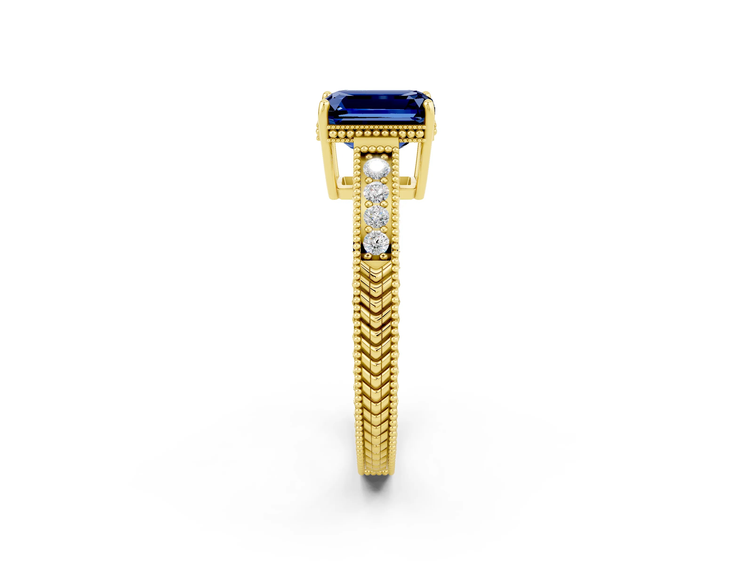 Yellow gold Emerald Cut Blue Sapphire Ring with Milgrain Pavé Band and Four-Prong Setting_14