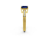 Yellow gold Emerald Cut Blue Sapphire Ring with Milgrain Pavé Band and Four-Prong Setting_14