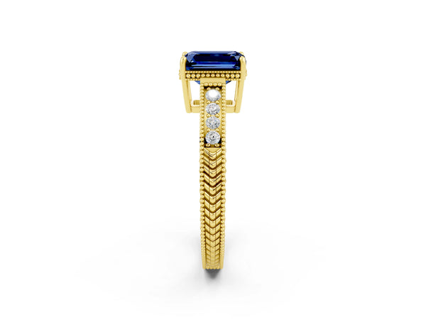 Yellow gold Emerald Cut Blue Sapphire Ring with Milgrain Pavé Band and Four-Prong Setting