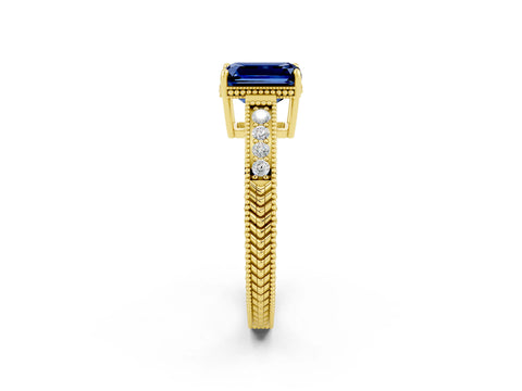 Yellow gold Emerald Cut Blue Sapphire Ring with Milgrain Pavé Band and Four-Prong Setting_14