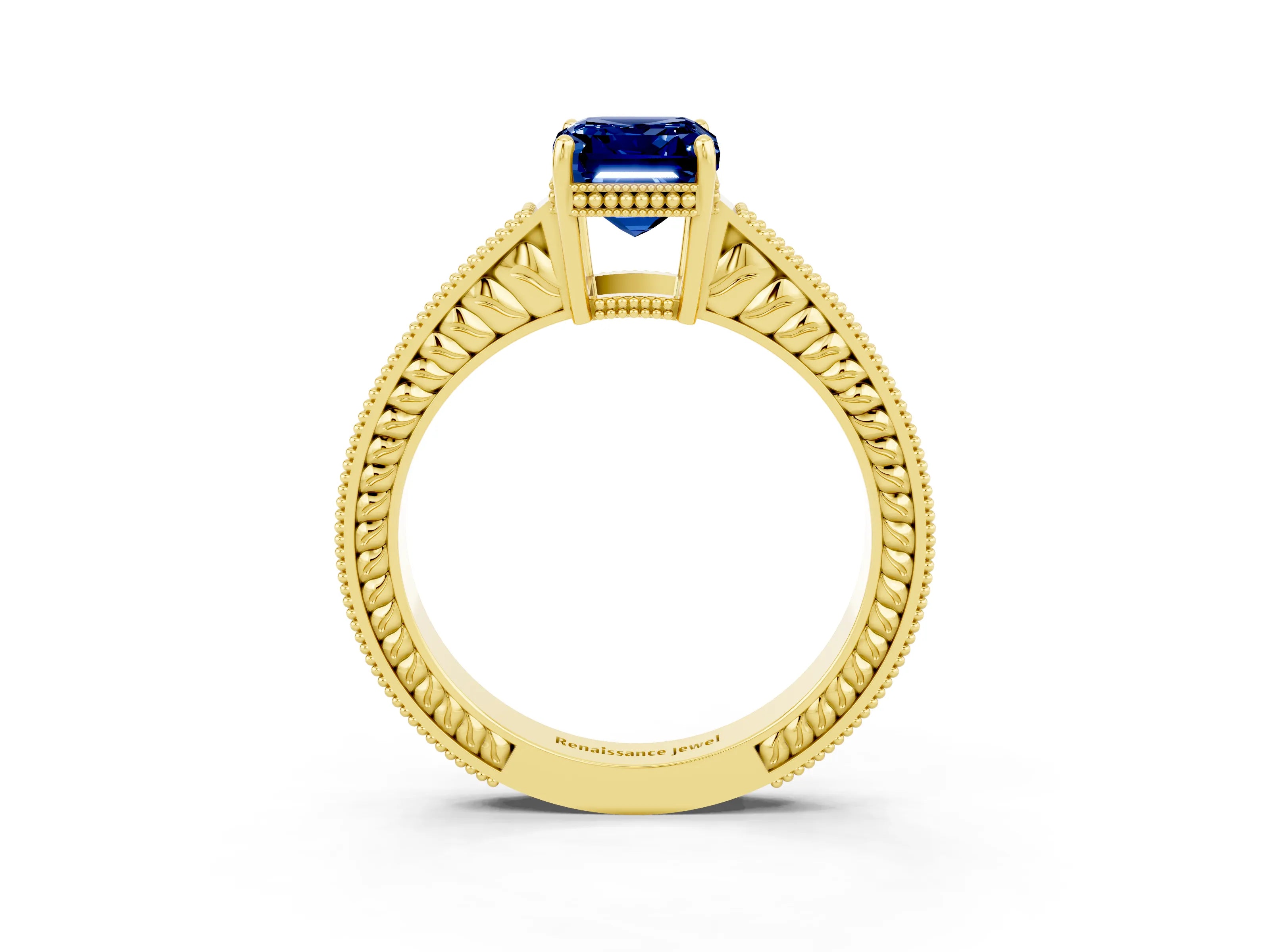 Yellow gold Emerald Cut Blue Sapphire Ring with Milgrain Pavé Band and Four-Prong Setting_15