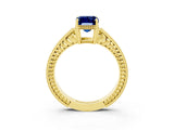 Yellow gold Emerald Cut Blue Sapphire Ring with Milgrain Pavé Band and Four-Prong Setting_15