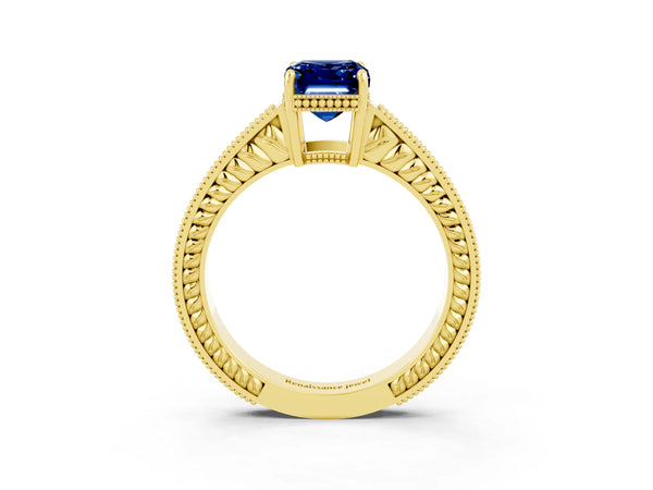 Yellow gold Emerald Cut Blue Sapphire Ring with Milgrain Pavé Band and Four-Prong Setting