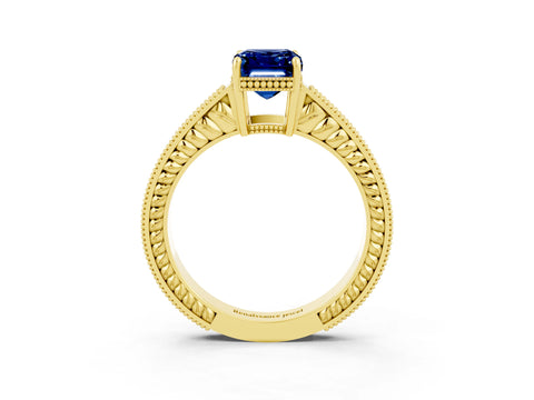 Yellow gold Emerald Cut Blue Sapphire Ring with Milgrain Pavé Band and Four-Prong Setting_15