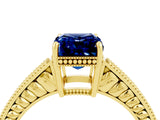 Yellow gold Emerald Cut Blue Sapphire Ring with Milgrain Pavé Band and Four-Prong Setting_16