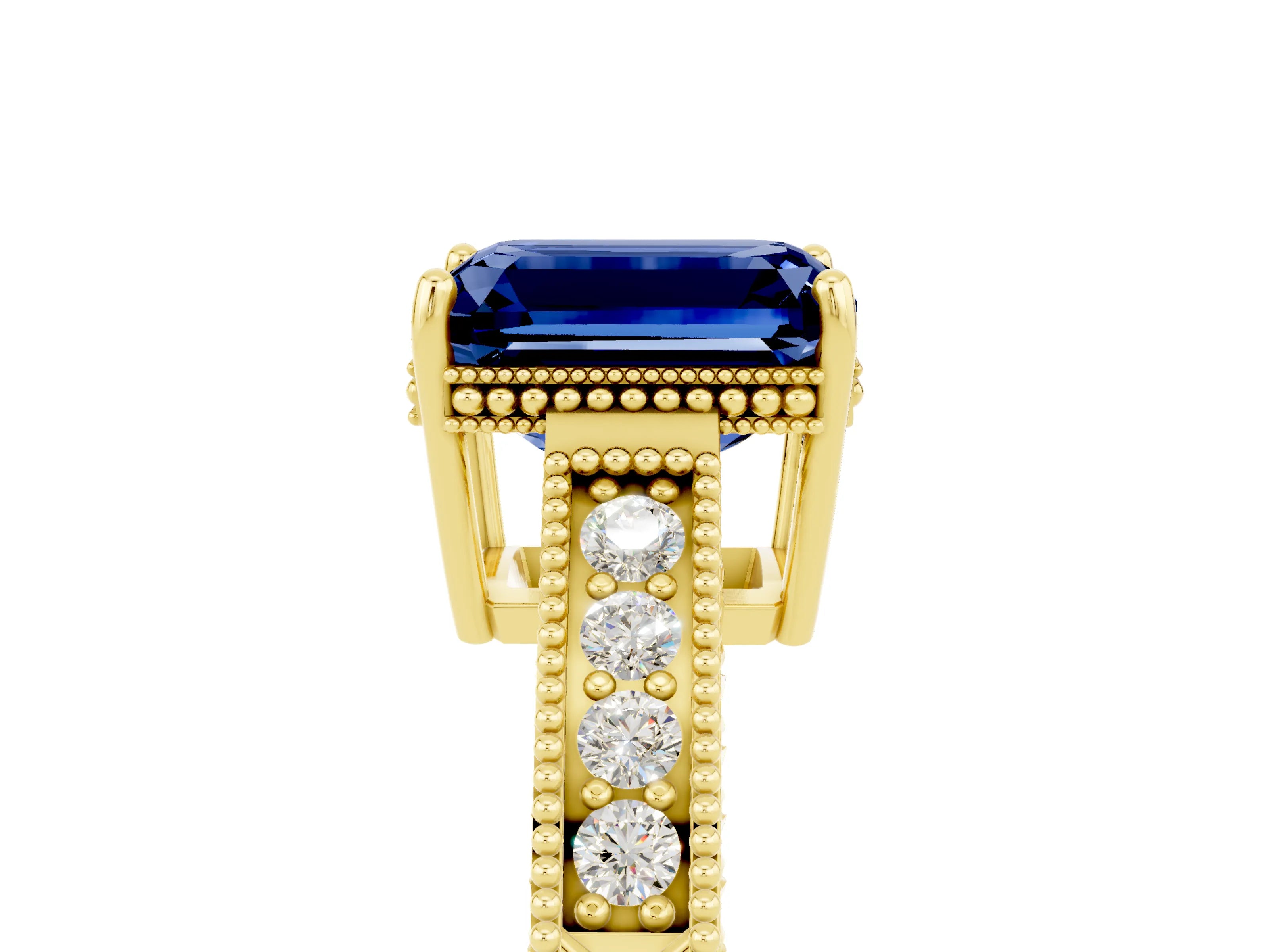 Yellow gold Emerald Cut Blue Sapphire Ring with Milgrain Pavé Band and Four-Prong Setting_17