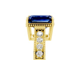 Yellow gold Emerald Cut Blue Sapphire Ring with Milgrain Pavé Band and Four-Prong Setting_17