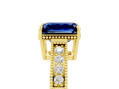Yellow gold Emerald Cut Blue Sapphire Ring with Milgrain Pavé Band and Four-Prong Setting_17