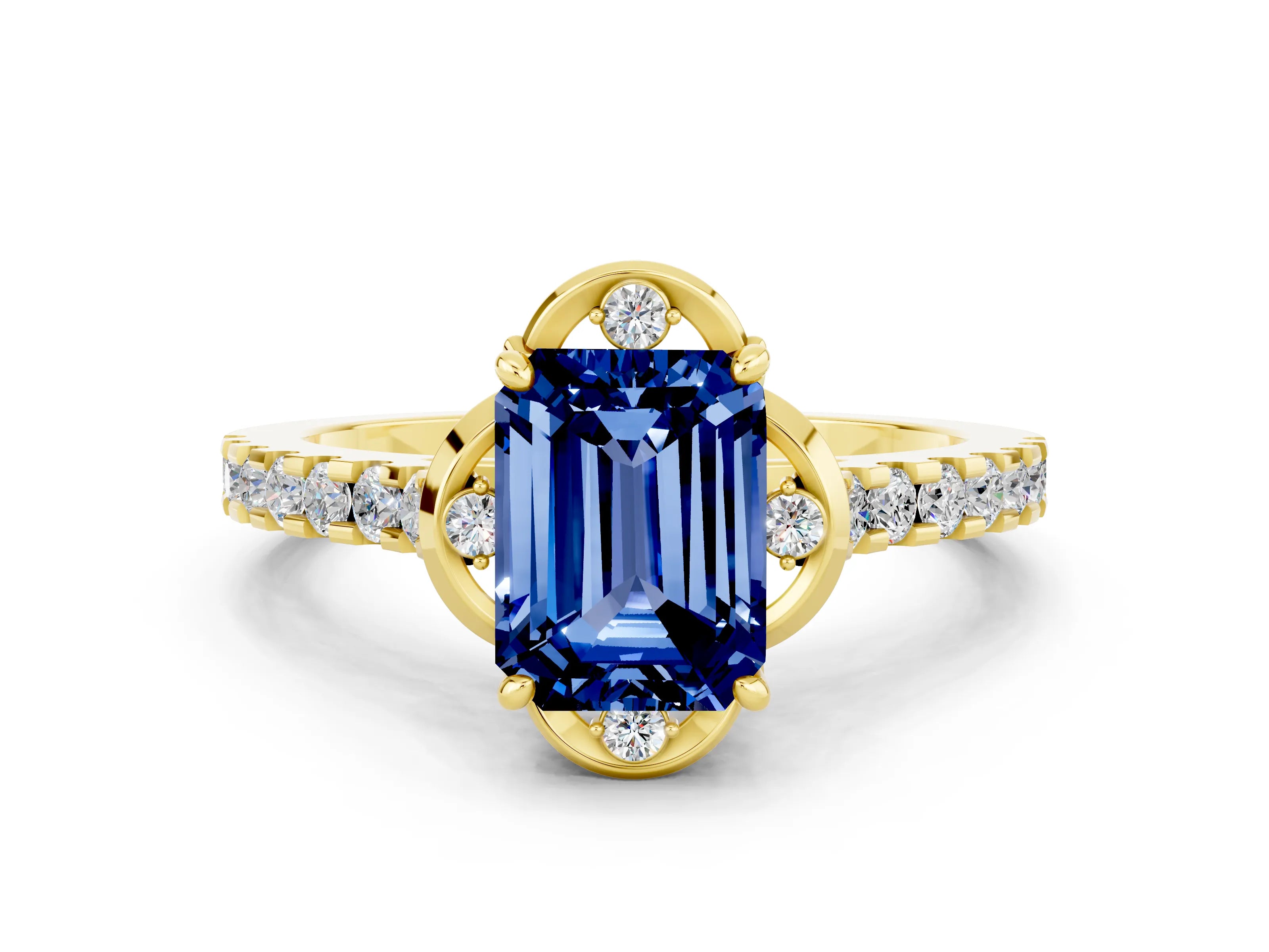 Yellow gold Emerald Cut Blue Sapphire Ring with Pavé Band and Floral Prong Setting