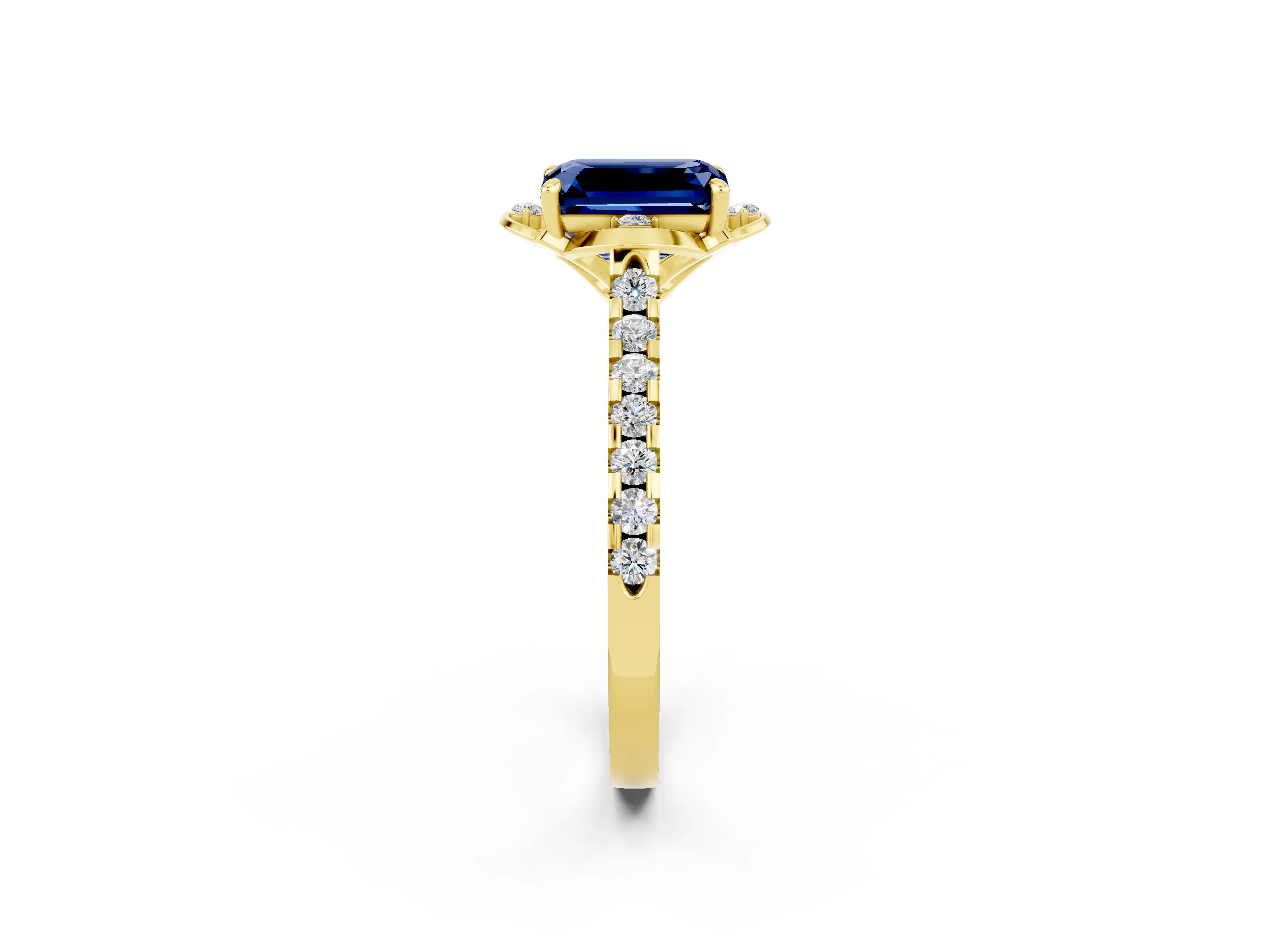 Yellow gold Emerald Cut Blue Sapphire Ring with Pavé Band and Floral Prong Setting_2