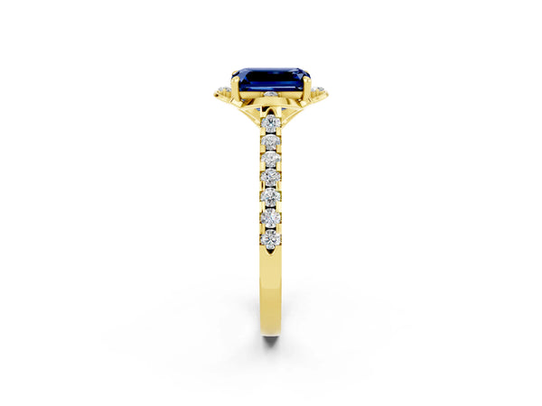Yellow gold Emerald Cut Blue Sapphire Ring with Pavé Band and Floral Prong Setting