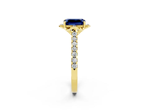 Yellow gold Emerald Cut Blue Sapphire Ring with Pavé Band and Floral Prong Setting_2