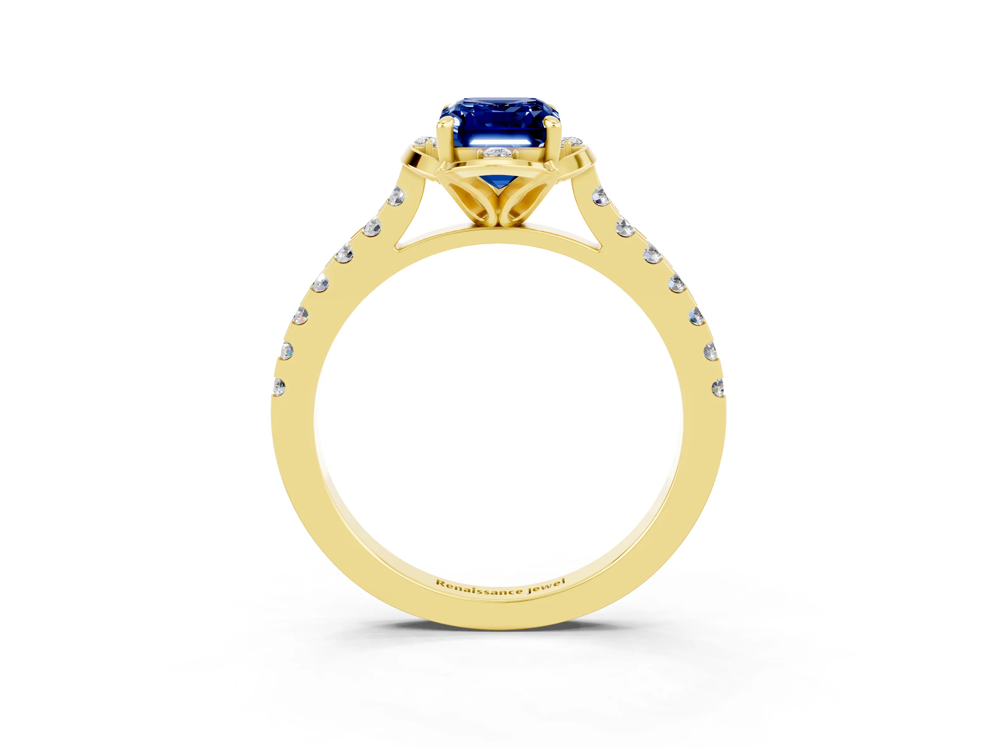 Yellow gold Emerald Cut Blue Sapphire Ring with Pavé Band and Floral Prong Setting_3