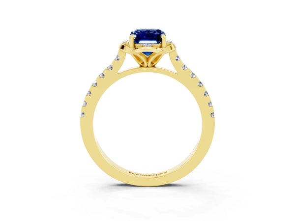 Yellow gold Emerald Cut Blue Sapphire Ring with Pavé Band and Floral Prong Setting