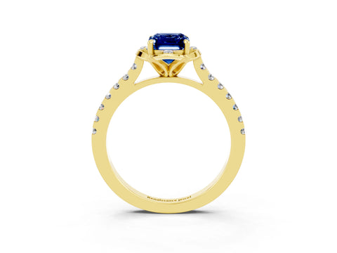 Yellow gold Emerald Cut Blue Sapphire Ring with Pavé Band and Floral Prong Setting_3