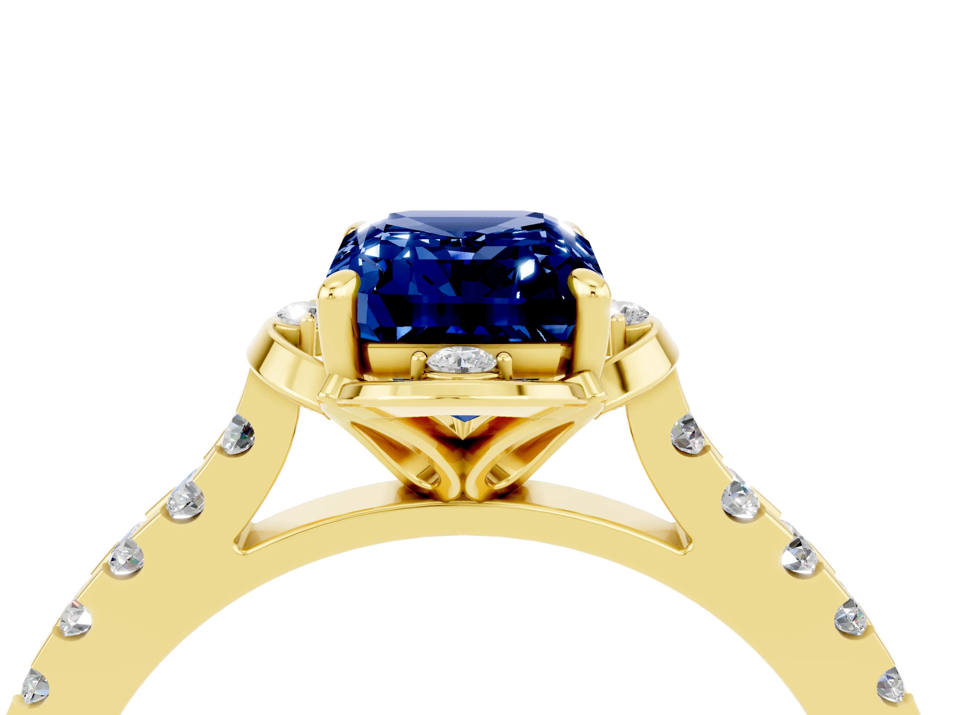 Yellow gold Emerald Cut Blue Sapphire Ring with Pavé Band and Floral Prong Setting_4
