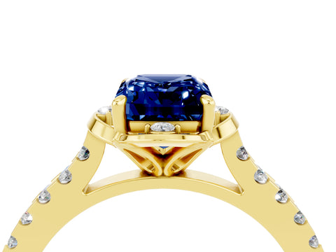 Yellow gold Emerald Cut Blue Sapphire Ring with Pavé Band and Floral Prong Setting_4