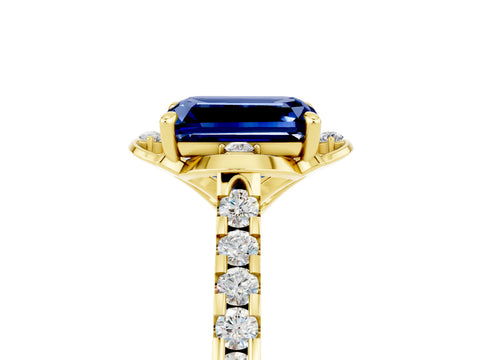 Yellow gold Emerald Cut Blue Sapphire Ring with Pavé Band and Floral Prong Setting_5