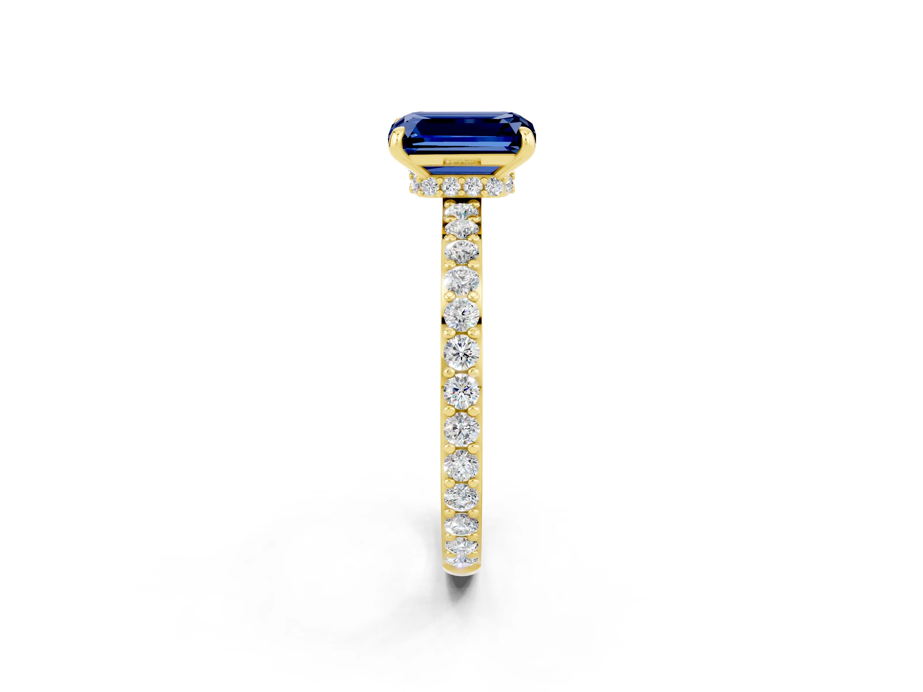 Yellow gold Emerald Cut Blue Sapphire Ring with Pavé Band and Four-Prong Setting_2