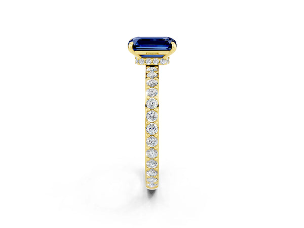 Yellow gold Emerald Cut Blue Sapphire Pavé Engagement Ring with Round  Accents and Prong Setting