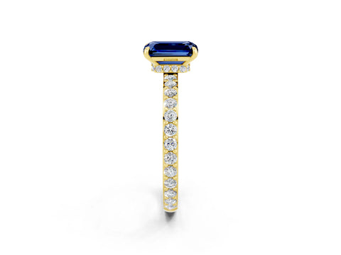 Yellow gold Emerald Cut Blue Sapphire Ring with Pavé Band and Four-Prong Setting_2