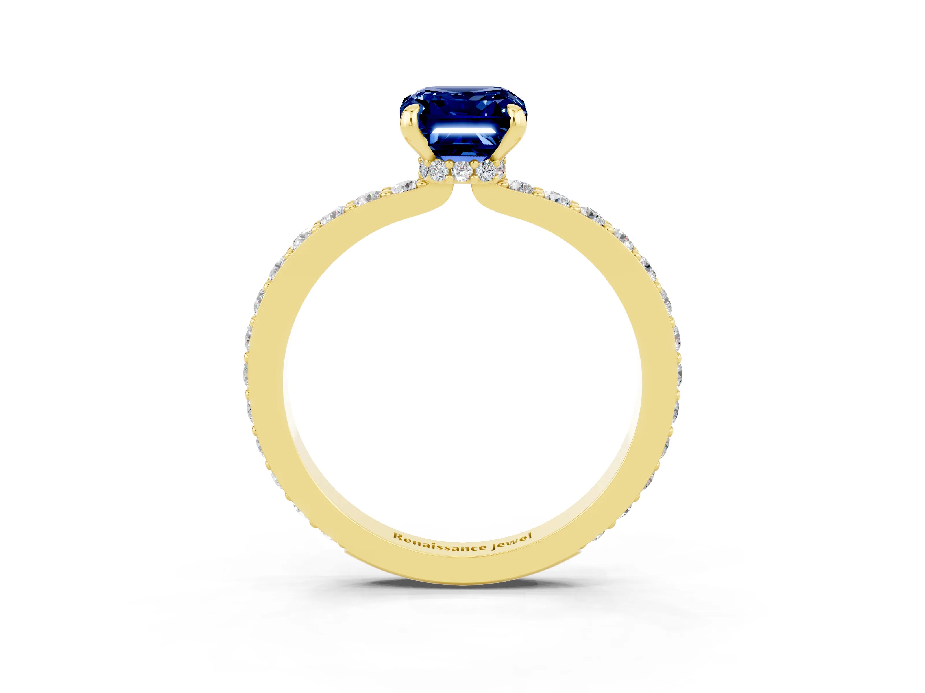 Yellow gold Emerald Cut Blue Sapphire Ring with Pavé Band and Four-Prong Setting_3