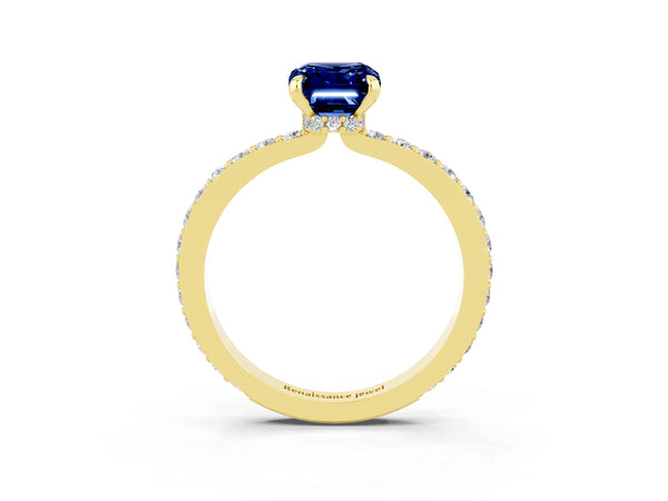 Yellow gold Emerald Cut Blue Sapphire Pavé Engagement Ring with Round  Accents and Prong Setting