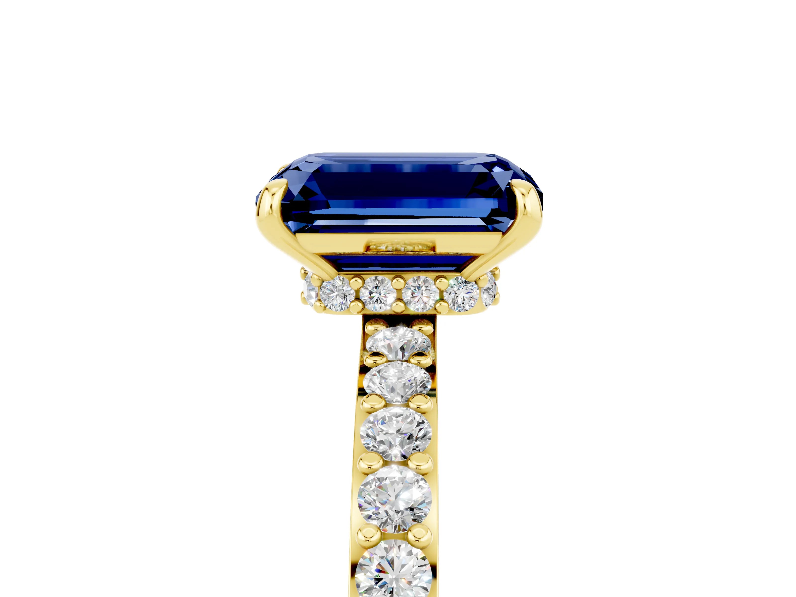 Yellow gold Emerald Cut Blue Sapphire Ring with Pavé Band and Four-Prong Setting_5