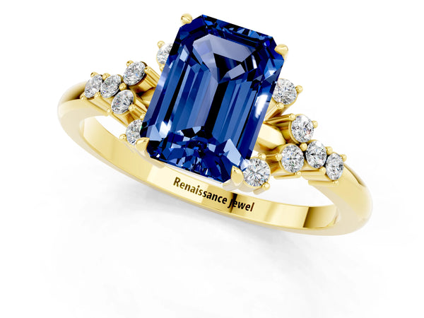 Yellow gold Emerald Cut Blue Sapphire Ring with Side Stones and Four-Prong Setting