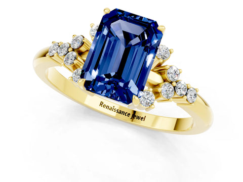 Yellow gold Emerald Cut Blue Sapphire Ring with Side Stones and Four-Prong Setting_37