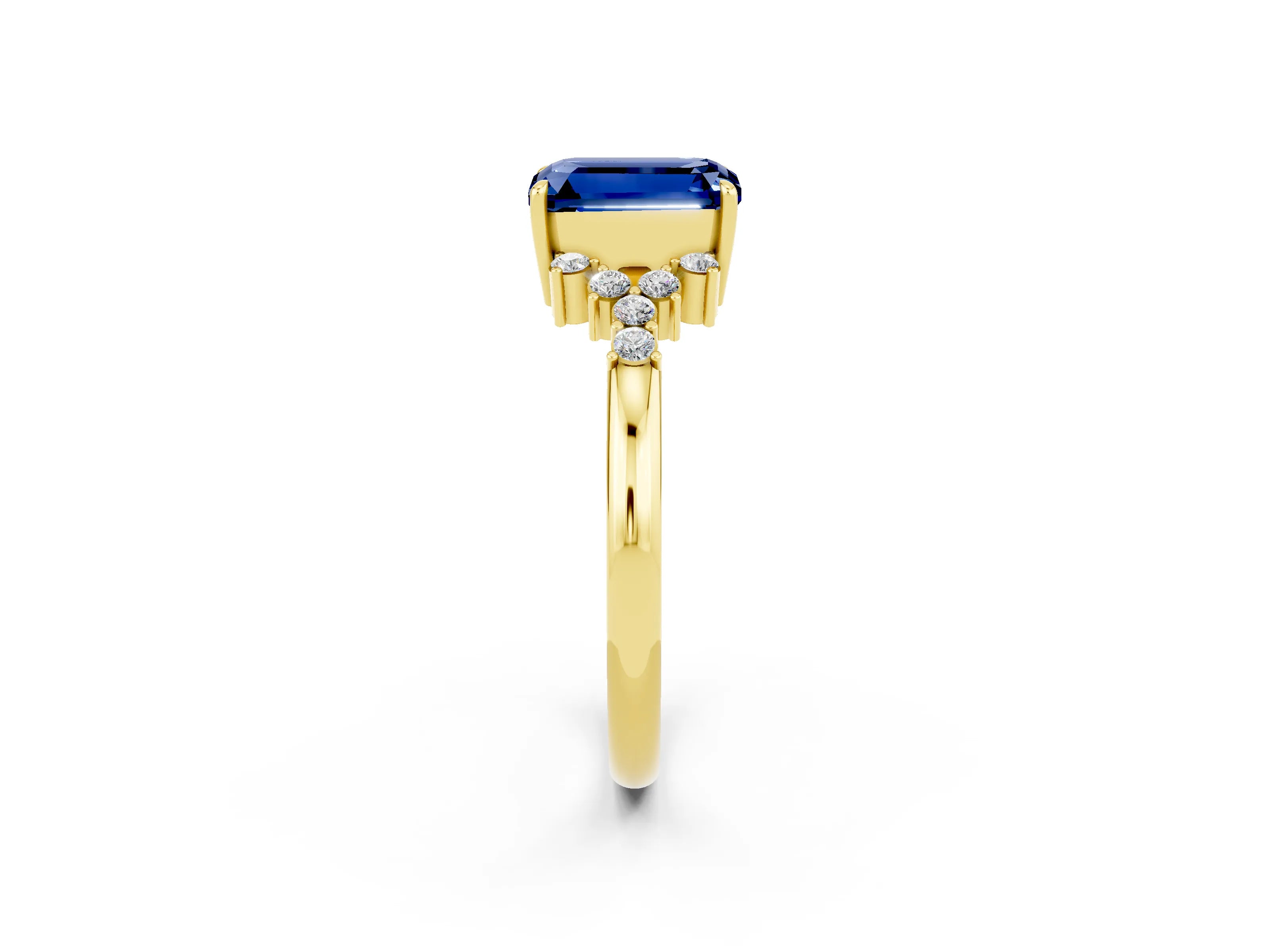 Yellow gold Emerald Cut Blue Sapphire Ring with Side Stones and Four-Prong Setting_38
