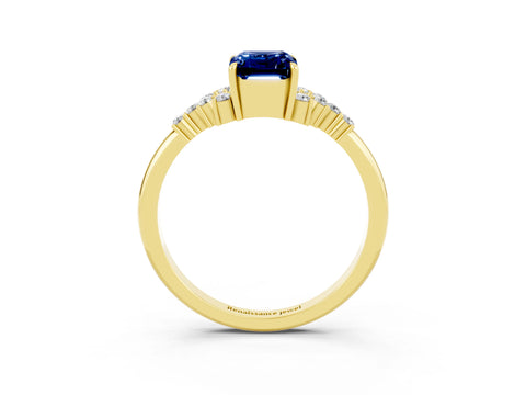 Yellow gold Emerald Cut Blue Sapphire Ring with Side Stones and Four-Prong Setting_39