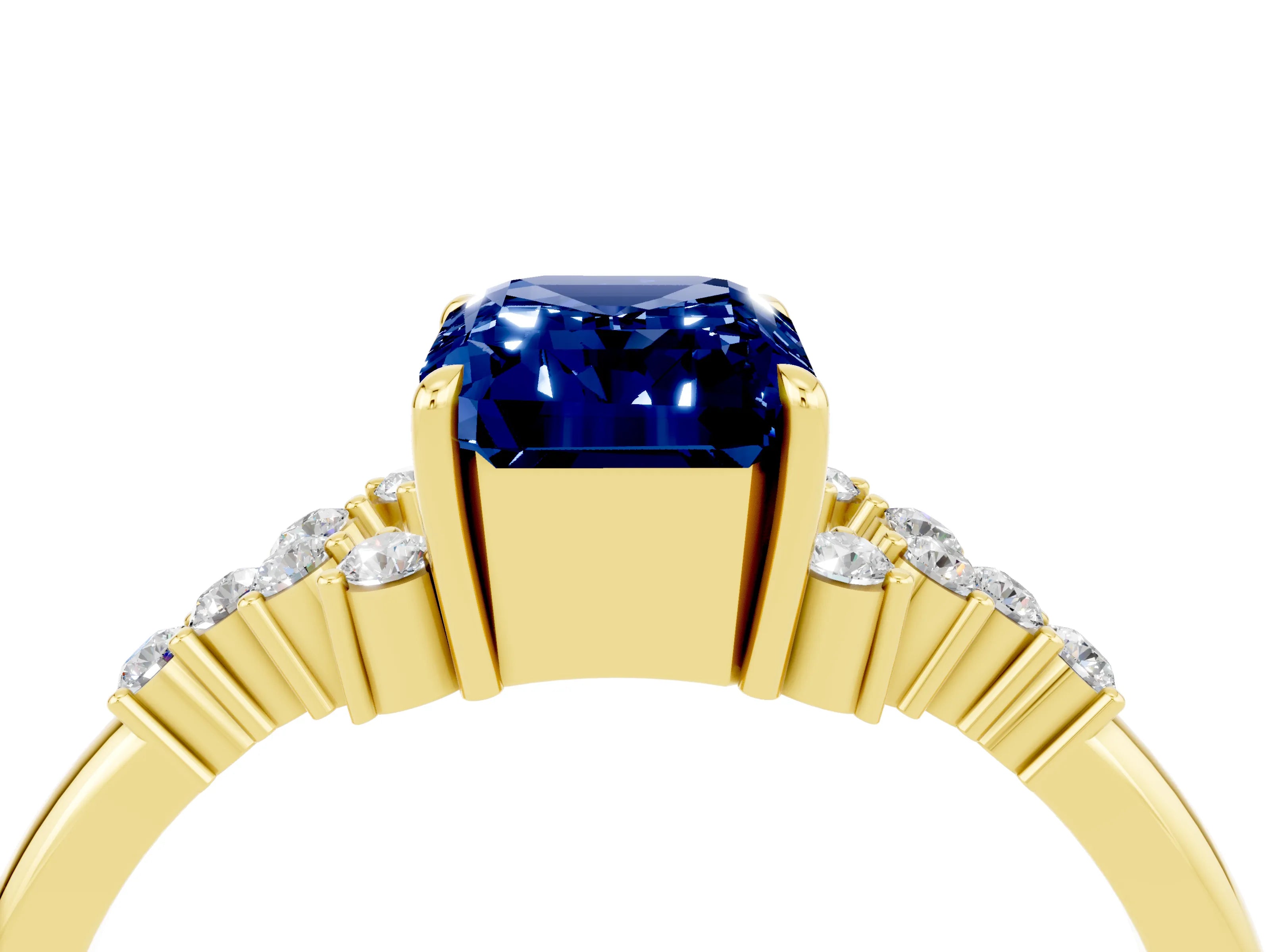 Yellow gold Emerald Cut Blue Sapphire Ring with Side Stones and Four-Prong Setting_40